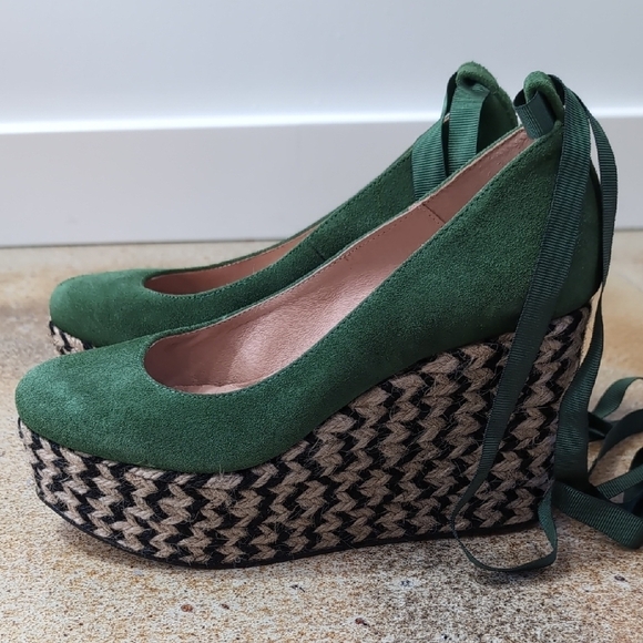 NWOT Free People | Green Suede Wedge Espadrilles Calf Tie Size EU 38 Size 7.5 - Picture 4 of 12